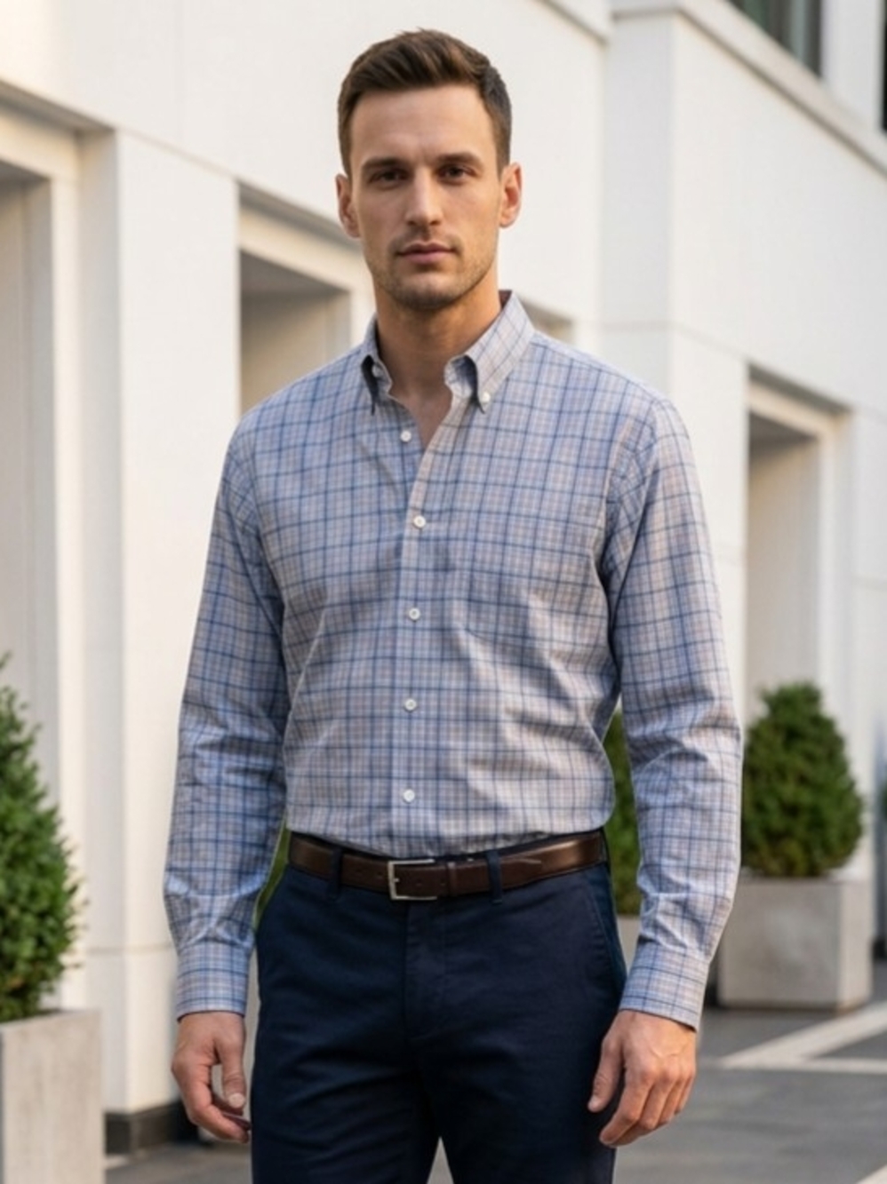 Jos A. Bank Traveler Tailored Fit Blue/White/Orange Plaid Button-Down XL EUC